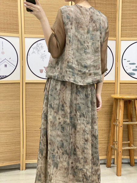 女性ヴィンテージ花柄巾着ボタンスプライスシャツ+スカート