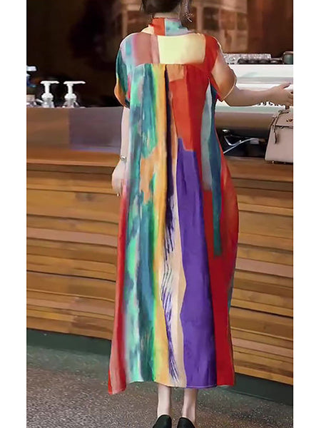 女性カジュアル夏マルチカラー巾着 V ネックドレス