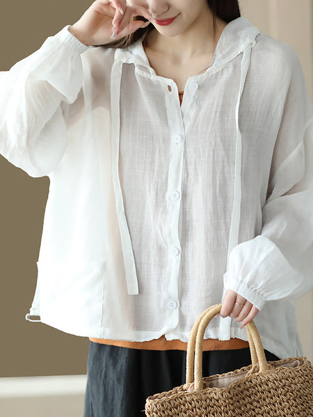 女性カジュアルソリッドボタン巾着カーディガンフード付きシャツ