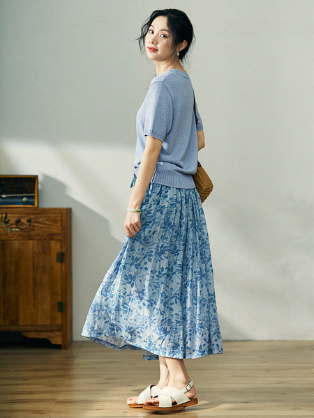 女性夏の芸術的なリーフプリーツ巾着ラミースカート