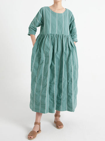 プラスサイズのコットンカジュアルサマーハーフスリーブルーズプリーツドレス
