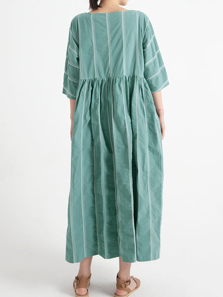 プラスサイズのコットンカジュアルサマーハーフスリーブルーズプリーツドレス