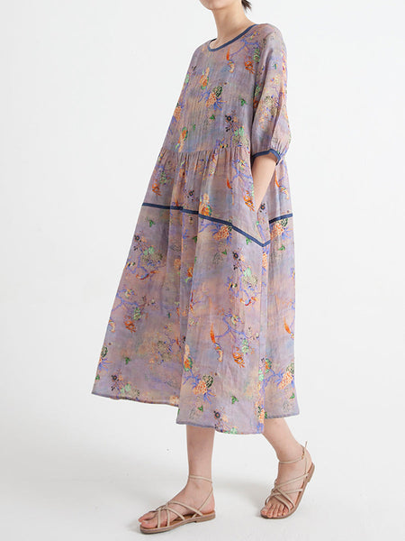 プラスサイズの花柄夏半袖ルーズドレス