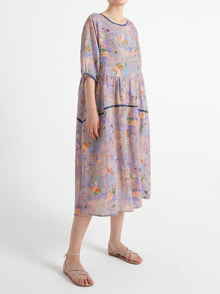 プラスサイズの花柄夏半袖ルーズドレス