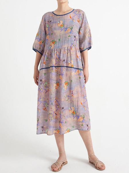 プラスサイズの花柄夏半袖ルーズドレス