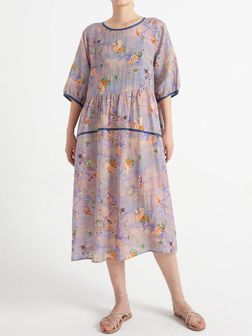 プラスサイズの花柄夏半袖ルーズドレス