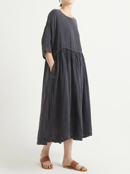 プラスサイズのリネン夏半袖カジュアルルーズドレス