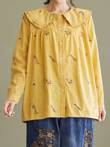 プラスサイズの女性のコットンリネン長袖春シャツ