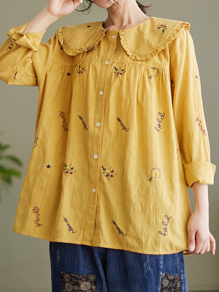 プラスサイズの女性のコットンリネン長袖春シャツ