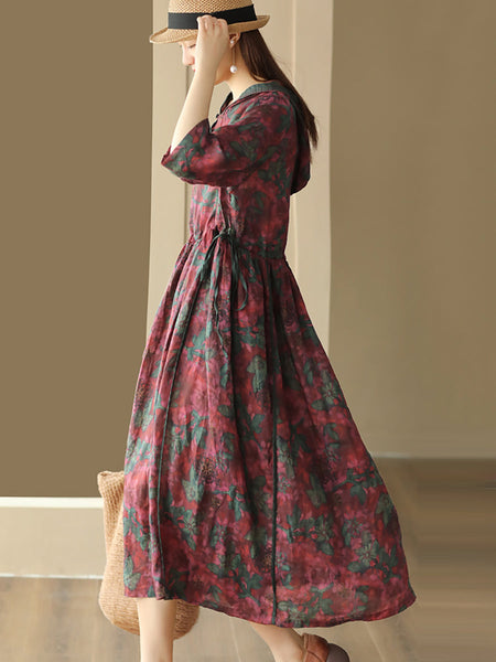 女性夏のヴィンテージ花柄プリーツリネンフード付きドレス