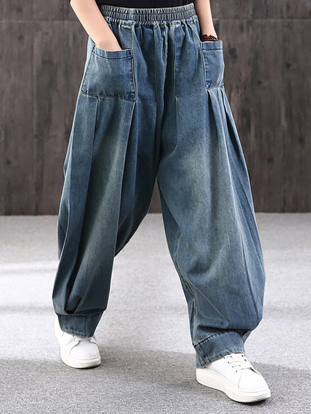 プラスサイズ - シンプルなピュアカラーのルーズジーンズ