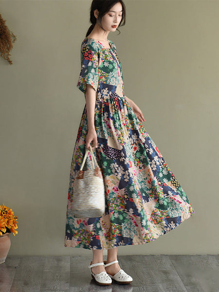 プラスサイズ - 花柄半袖サマールーズドレス