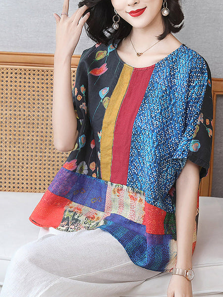 プラスサイズ夏プリント女性花柄ルーズリネン T シャツ