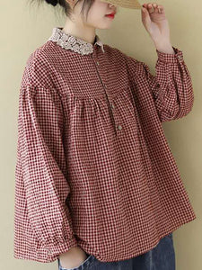 プラスサイズの女性のルーズブレストレースチェック柄トップス