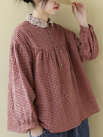 プラスサイズの女性のルーズブレストレースチェック柄トップス