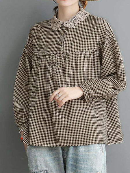 プラスサイズの女性のルーズブレストレースチェック柄トップス