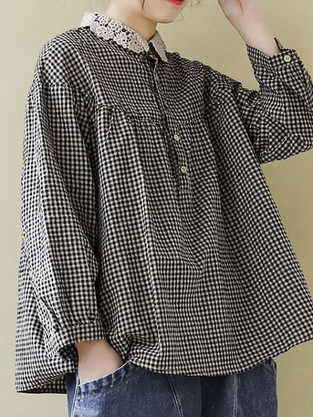 プラスサイズの女性のルーズブレストレースチェック柄トップス