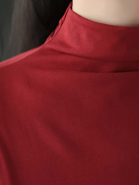 プラスサイズ - ソリッドカラー ドレープ ハイネック ドレス
