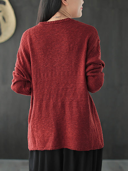 プラスサイズ - 女性ニットレトロピュアカラー V ネックセーターコート