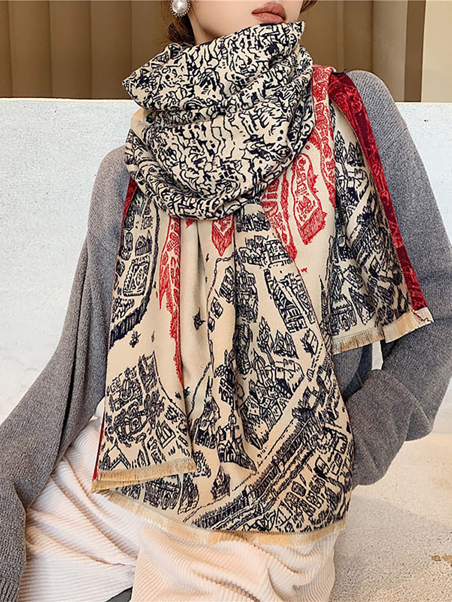 女性春暖かい厚いレトロ壁画スカーフ