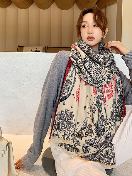 女性春暖かい厚いレトロ壁画スカーフ