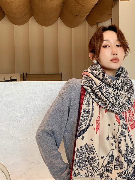 女性春暖かい厚いレトロ壁画スカーフ