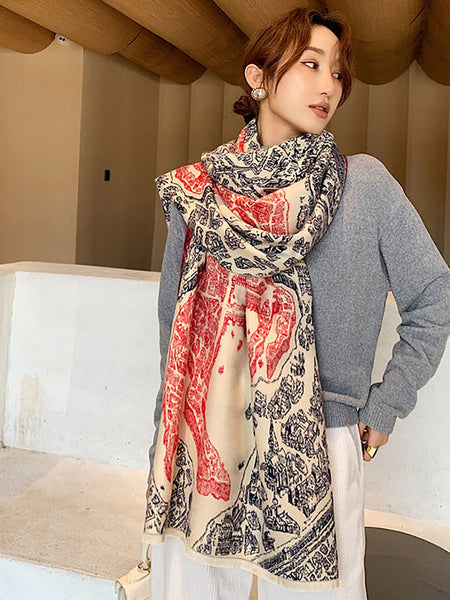女性春暖かい厚いレトロ壁画スカーフ