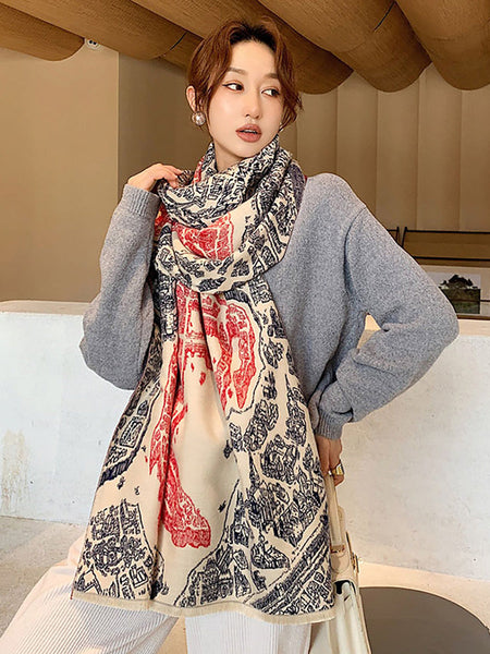女性春暖かい厚いレトロ壁画スカーフ