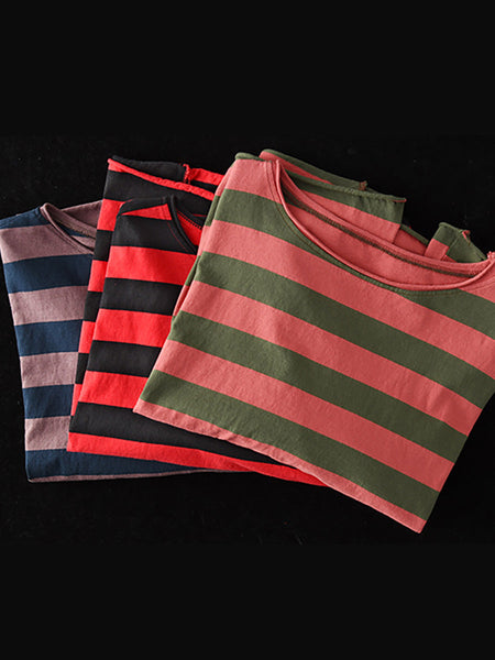 プラスサイズ - 綿 100% 春カジュアルストライプ T シャツ