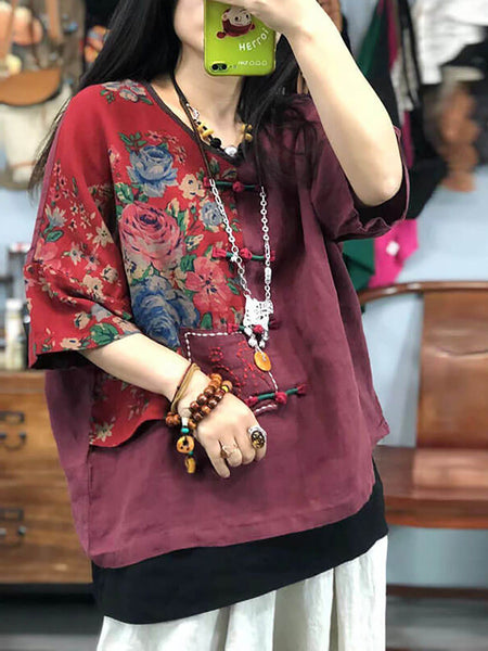 プラスサイズの女性の刺繍花柄レトロリネンステッチ Tシャツ