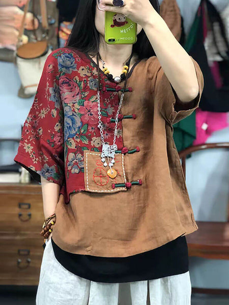プラスサイズの女性の刺繍花柄レトロリネンステッチ Tシャツ