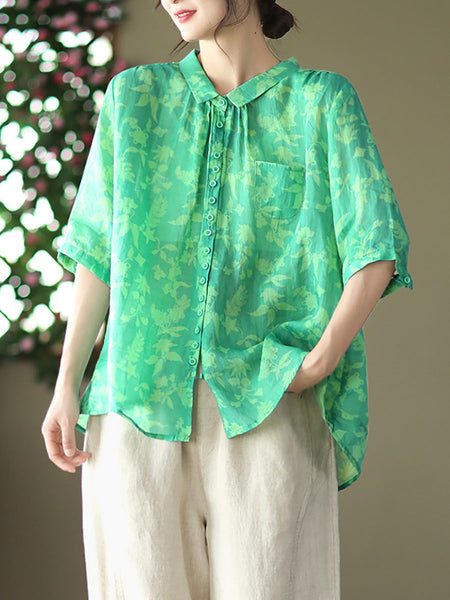 プラスサイズのヴィンテージ花柄ラミーカジュアル夏の女性のシャツ