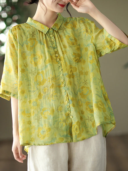 プラスサイズのヴィンテージ花柄ラミーカジュアル夏の女性のシャツ