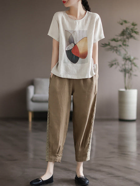 ヴィンテージリネンルーズサマーレディースTシャツ