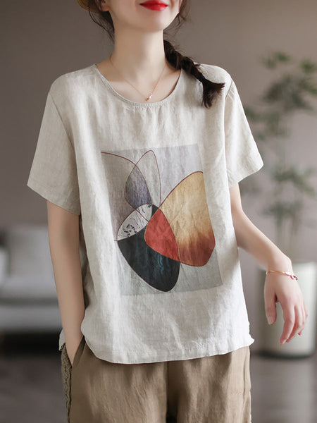 ヴィンテージリネンルーズサマーレディースTシャツ