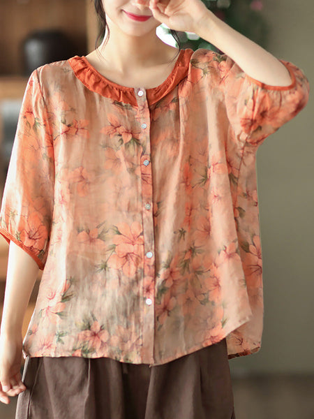 プラスサイズの花柄ラミーヴィンテージ夏の女性のシャツ