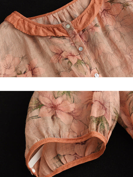プラスサイズの花柄ラミーヴィンテージ夏の女性のシャツ