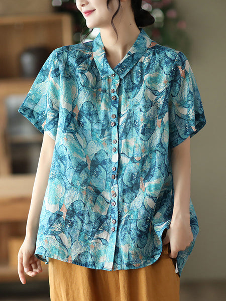 プラスサイズの花ラミーヴィンテージ夏の女性のルーズシャツ