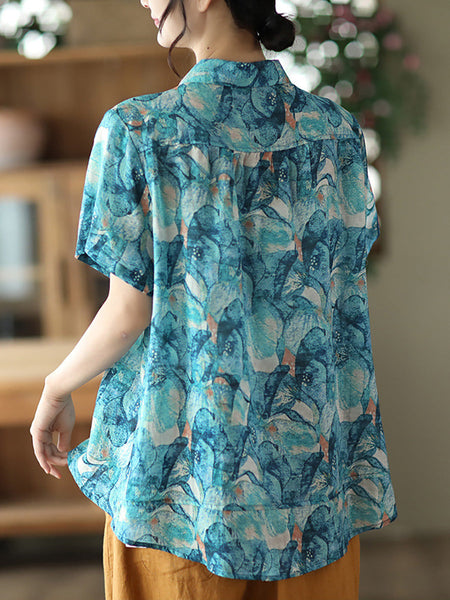 プラスサイズの花ラミーヴィンテージ夏の女性のルーズシャツ
