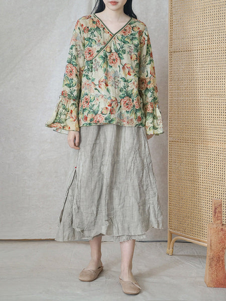 花柄リネン秋の女性のルーズシャツ