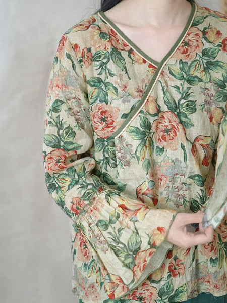 花柄リネン秋の女性のルーズシャツ