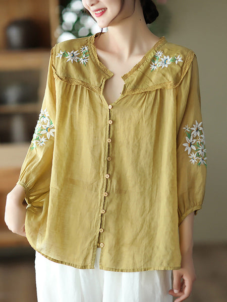 刺繍リネンカジュアル夏の女性のシャツ