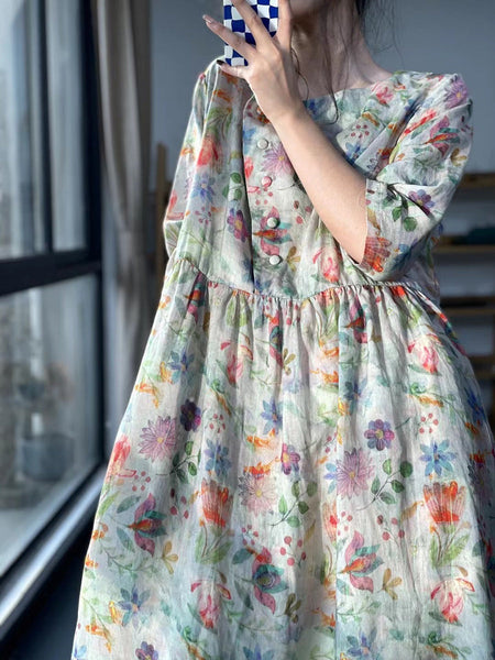 プラスサイズの花柄プリーツサマーカジュアルルーズドレス