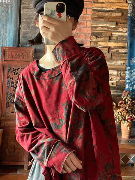 プラスサイズの女性の綿花ヴィンテージ長袖ルーズ T シャツ