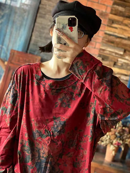 プラスサイズの女性の綿花ヴィンテージ長袖ルーズ T シャツ