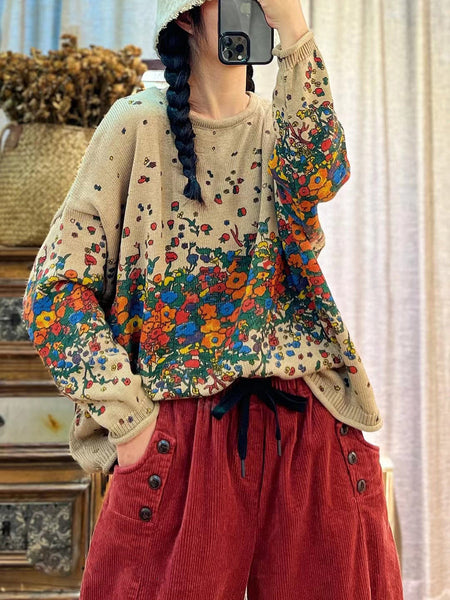 秋の芸術的なルーズ プリント O ネック長袖セーター