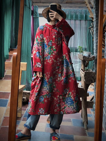 冬の女性のヴィンテージ花柄ルーズパッド入りローブ