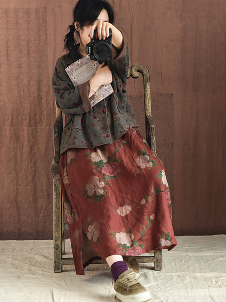 女性リネン花柄弾性ウエスト A ライン スカート