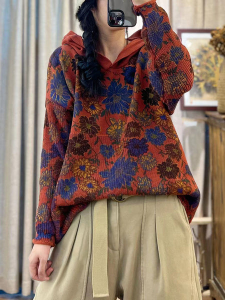 女性秋コットンプリントフード付きルーズセーター