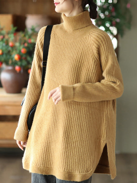 女性タートルネックスリット裾ルーズプルオーバーセーター